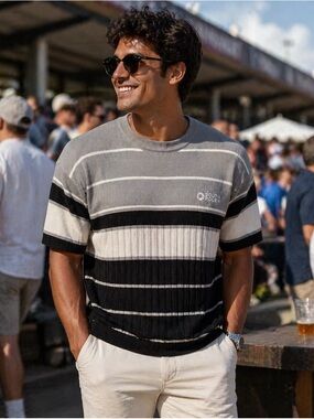 South Pole Y2K Streetwear Striped Knit Shirt Gray Black White Ribbed Tee Medium